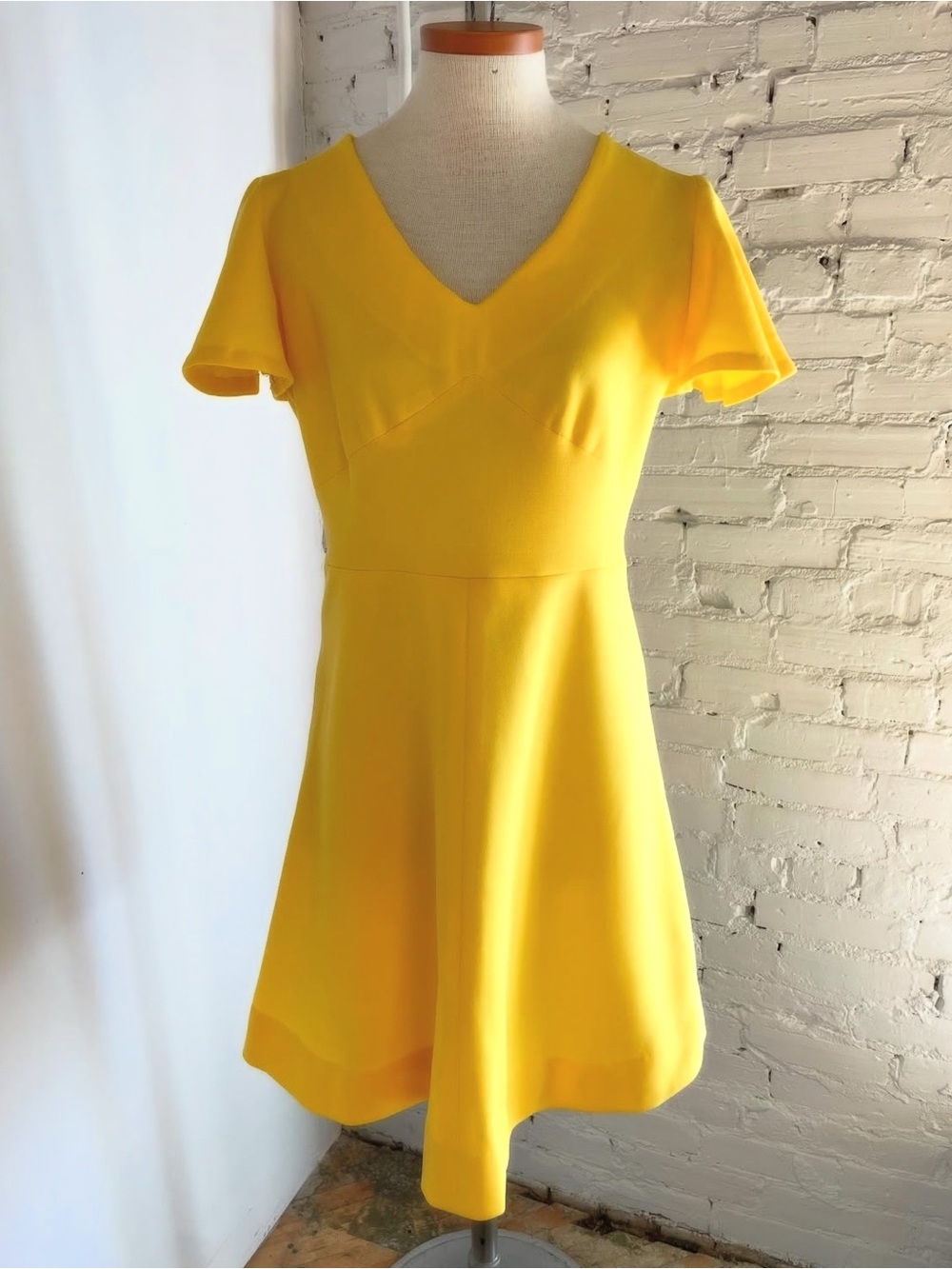 1970s Yellow V-Neck Fit & Flare Dress with Flutter Sleeves
